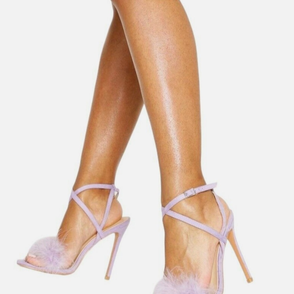 Boohoo Lilac Feathered Strappy Heels